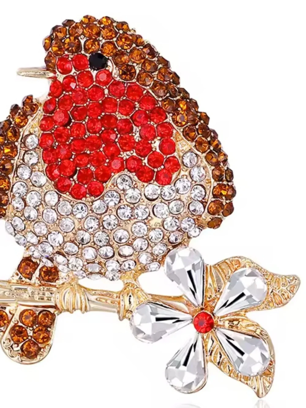 Crystal Robin Bird Floral Brooch